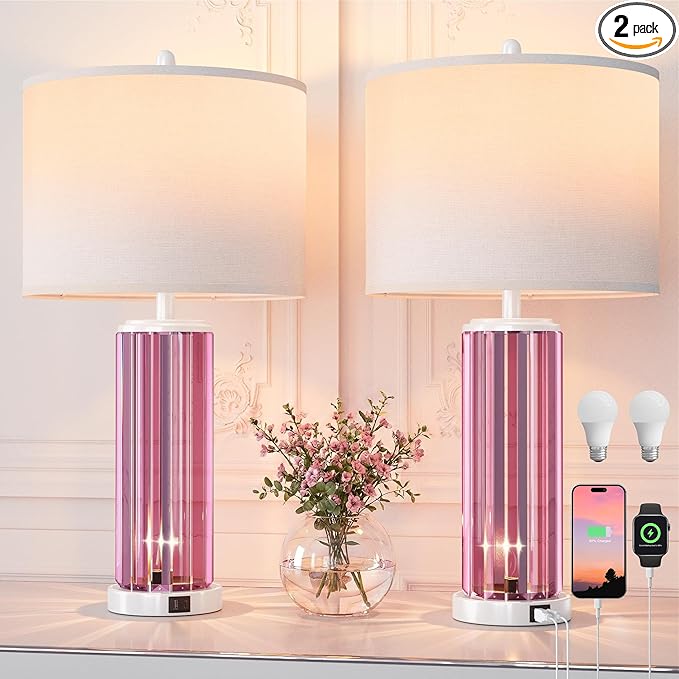QiMH Table Lamps for Bedroom Set of 2 with Nightlight, Modern Bedside Lamp with USB A+C Charging Port, White Pink Nightstand Lamp for Living Room White Shade Home Decor, 2 Bulbs Included
