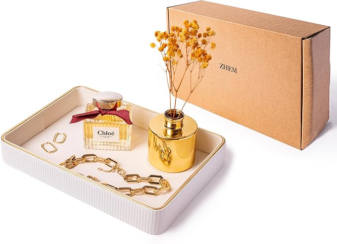ZHEM Women Perfume Tray Valet Tray NightStand Bedside Organizer| Perfume Organizer Holder| Decorative Perfume Trays| Leather Vanity Tray Catchall Trinket Tray (Beige 8"x11"x1.75")