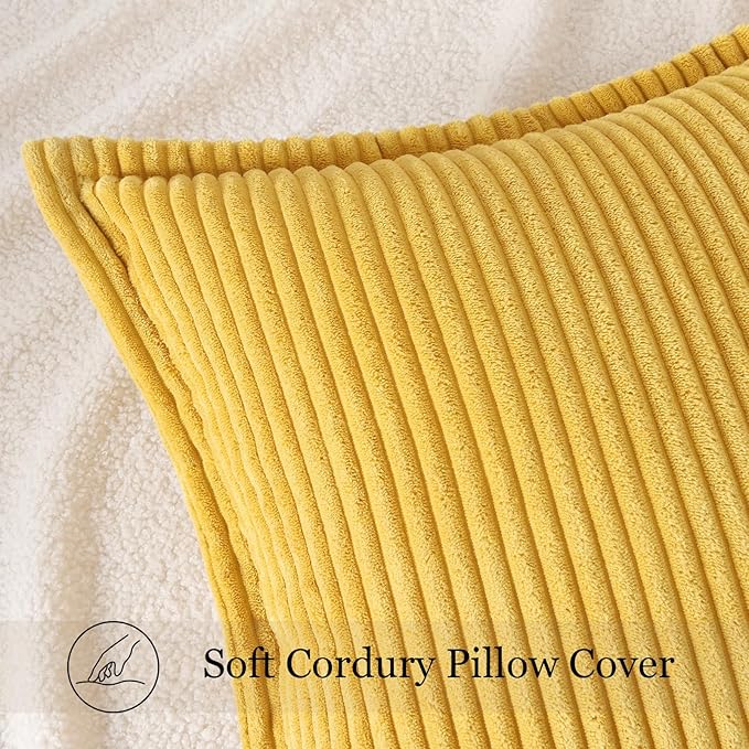 Mecatny Corduroy Throw Pillow Covers 18x18 Set of 2, Neutral Decorative Soft Boho Couch Pillow Covers with Broadside for Sofa Living Room, Mustard Yellow