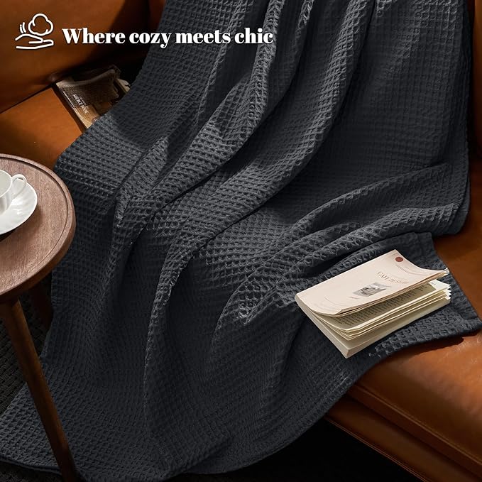 PHF Ultra Soft Waffle Weave Blanket Twin Size 66"x 90"- Washed Lightweight Breathablee Cozy Woven Blanket - Great for Couch Bed Sofa Home Car - Black