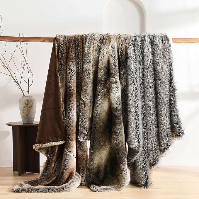 HORIMOTE HOME Luxury Plush Faux Fur Throw Blanket, Long Pile Grey with Black Tipped Blanket, Super Warm, Fuzzy, Elegant, Fluffy Decoration Blanket for Couch, Armchair, Sofa and Bed, 60''x 80''