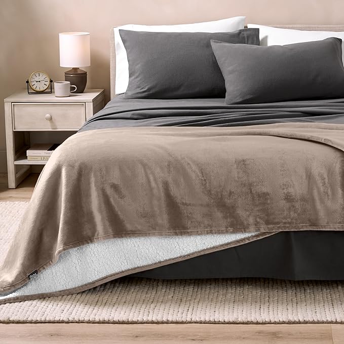 Bare Home Sherpa Fleece Blanket - King Size - Blanket for Bed, Sofa, and Couch - Warm & Lightweight - Fluffy & Soft - Reversible (King, Taupe)