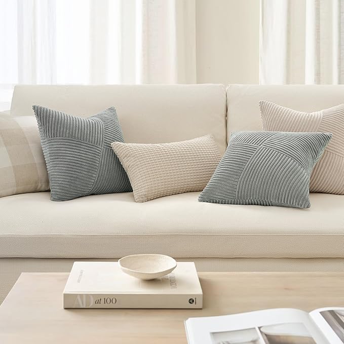 Topfinel 24x24 inches Euro Pillow Shams Set of 2 Grey Corduroy Decorative Throw Pillow Covers for Bedroom Living Room, Windmill Textured Striped Patchwork Couch Pillow Covers 60x60 cm