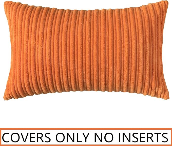 UGASA Fall Decorative Soft Velvet Stripe Lumbar Pillow Cover 1 Pack Solid Corduroy Textured Euro Oblong Cushion Case for Couch Bedroom Sofa Farmhouse, 12x20 Inch, Orange