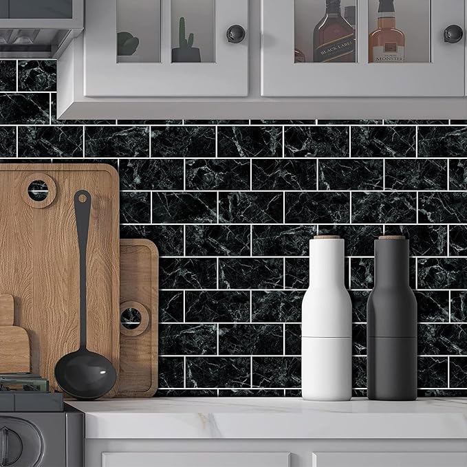 HLNIUC 16-Sheet Black Marble Wall Tiles, 8'x4', Peel And Stick, Waterproof, PVC Self Adhesive, Kitchen & Bathroom Backsplash