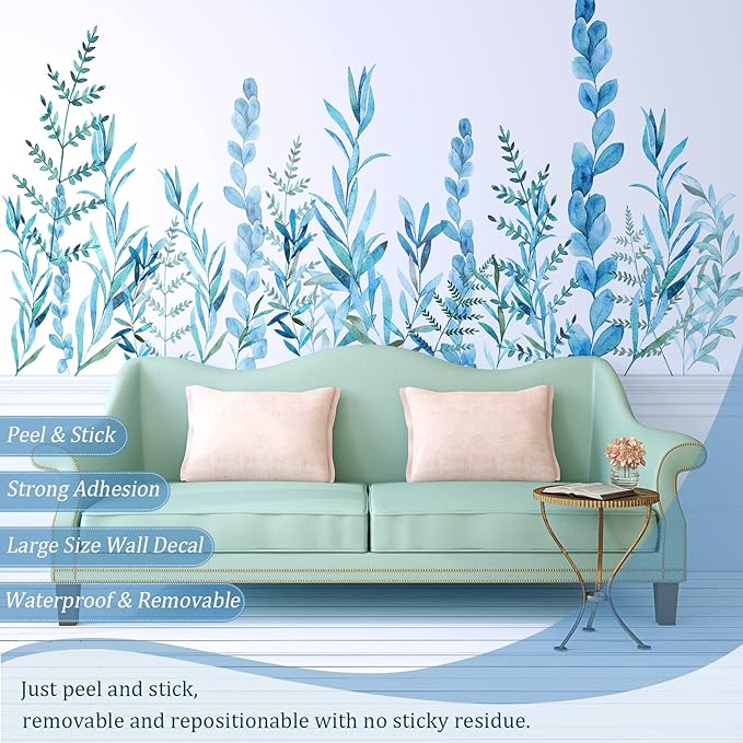 Blue Hanging String of Willow Wall Decals Peel and Stick, Large Plants Vinyl Wall Stickers, Removable Vine Home Decor Art for Bedroom Living Room Classroom Office