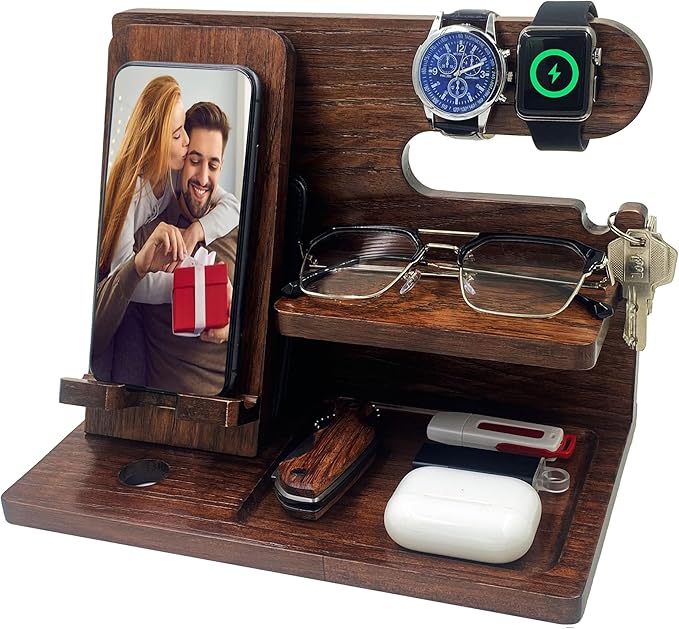 Gifts for Men Boyfriend Him Brother Nightstand Organizer Gifts for Dad from Daughter Son Wood Phone Docking Station Anniversary Birthday Gifts (Walnut)