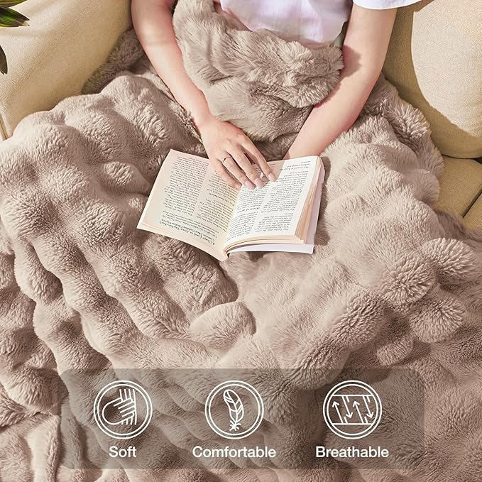 EXQ Home Fluffy Faux Rabbit Fur Throw Blanket for Couch, Soft Luxury Bubble Double Sided Plush Blanket, Cozy Thick Warm Fuzzy Decorative Blanket for Bed Chair Sofa Living Room,50"X60"(Brown)