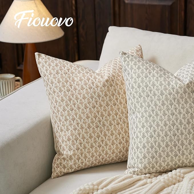 FIOUOVO Floral Pillow Covers 18x18 Pillow Cover Block Print Couch Pillows for Living Room Decorative Neutral Accent Throw Pillow Covers, 1PC, Cognac Brown
