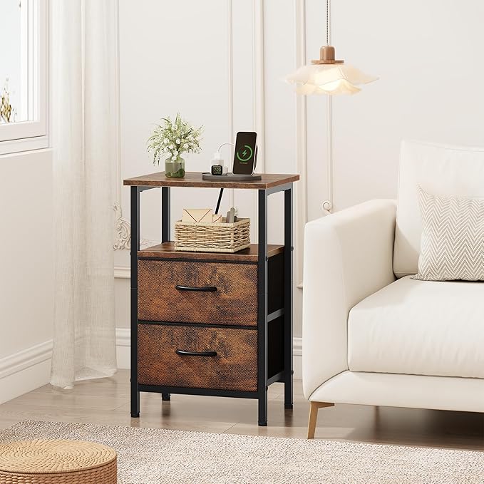 Vagusicc Nightstand with Charging Station, Small Night Stand with Fabric Drawers for Bedroom, End Table, Bedside Table with USB Ports & Outlet, 24.2" Tall Bed Side Table with Open Shelf, Rustic Brown