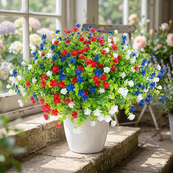 Hananona 12 Pcs Artificial Flowers Outdoor, Faux Artificial Plants UV Resistant Plastic PatrioticFlower for Hanging Planter Porch Window 4th of July Decor (12, Red, White, Blue)