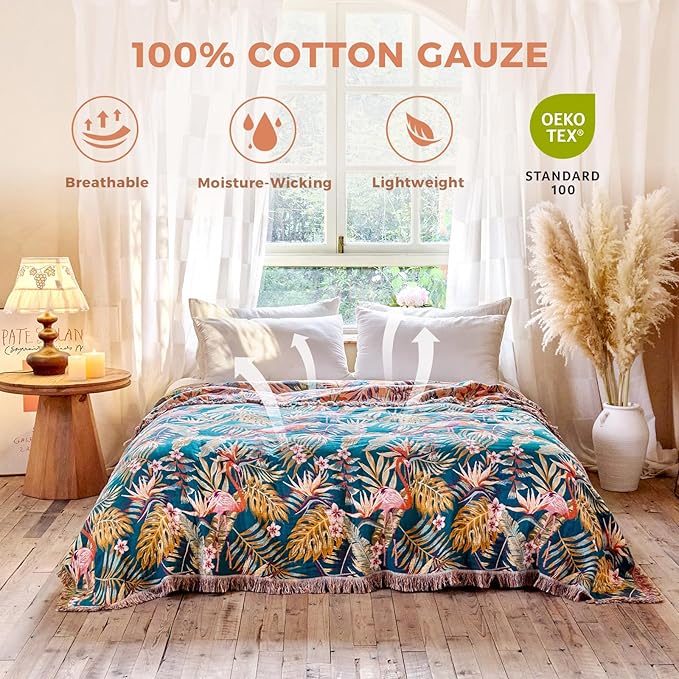 Boho Throw Blanket for Couch Sofa Chair Cotton Spring Blankets for Bedroom Living Room All Season Lightweight Reversable Forest Embroidery Throws 50"x60"