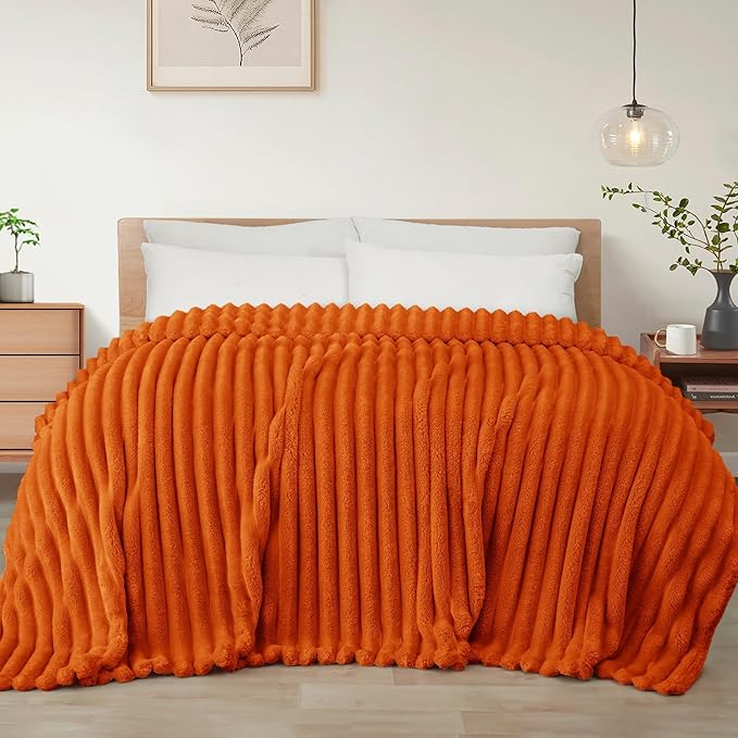 Exclusivo Mezcla King Size Flannel Fleece Blanket, Super Soft Striped Jacquard Bed Blanket, Lightweight Fuzzy Cozy for All Seasons, 90x104 Inches, Burnt Orange
