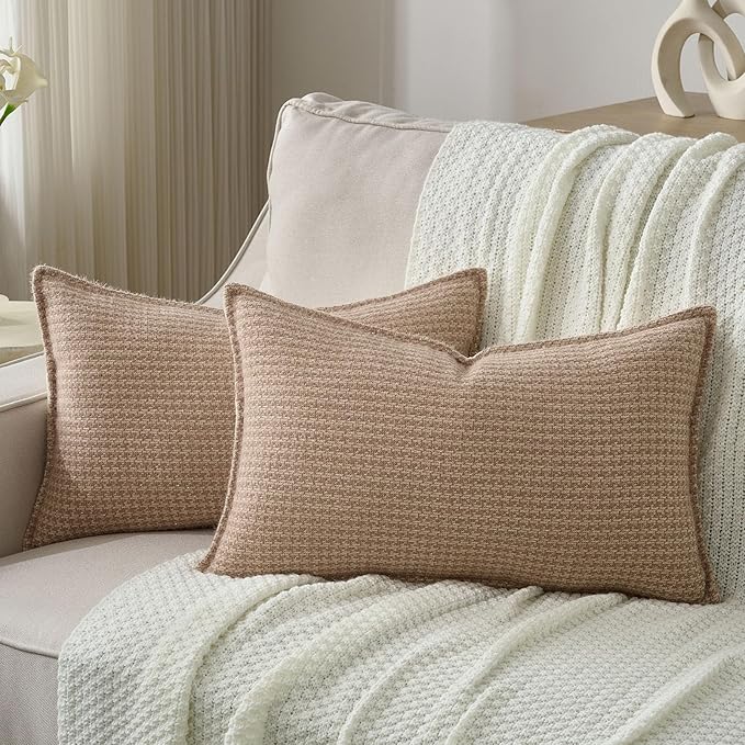 FUTEI Camel Decorative Throw Pillow Covers 12x20 Inch Set of 2,Soft Houndstooth Gingham Textured Lumbar Pillow Cases,Modern Home Decor for Couch Bed Living Room
