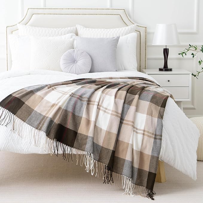 BATTILO HOME Brown Plaid Throw Blanket for Couch - Fall Plaid Blanket Buffalo Plaid Blankets - Lightweight Farmhouse Outdoor Throw Blankets for Bed, Sofa (50"x60", Coffee)
