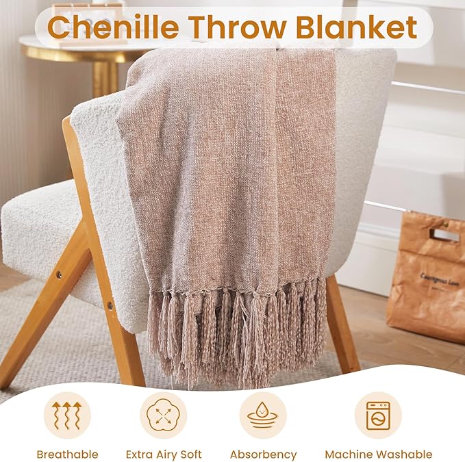 Light Taupe Chenille Throw Blanket for Couch Bed，Soft Cozy Throw Blanket with Handmade Fringe, Decorative Blanket for Sofa Chair Living Room for Gift (Light Taupe,60 x 80)