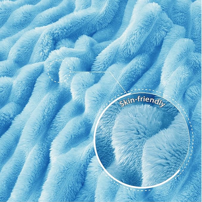 Exclusivo Mezcla Fleece Throw Blanket for Couch, Super Soft Striped Jacquard Bed Blanket, Lightweight Fuzzy Cozy for All Seasons, 50x60 Inches, Blue