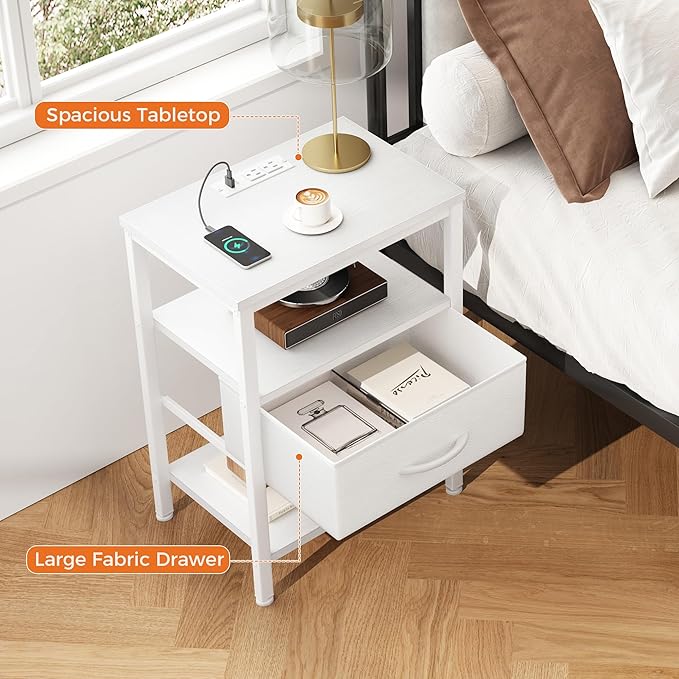 DUMOS Bedside Table with Charging Station and Adjustable Fabric Drawer Compact Nightstand 3-Tier Storage Organizer End Table for Bedroom,White