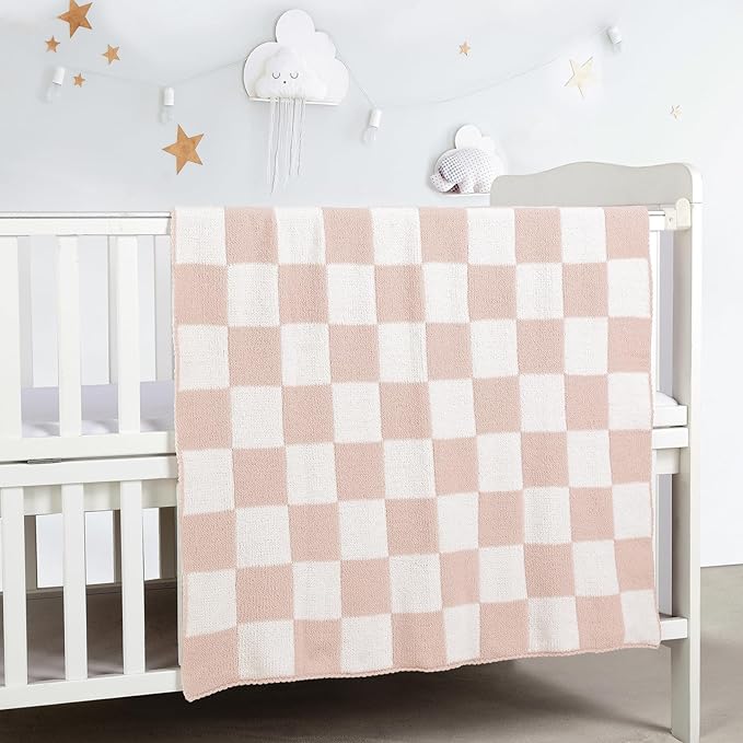 CREVENT 2Pcs 30''X40'' Cute Cozy Fluffy Warm Baby Blankets for Infants Toddlers' Bedding Crib Cot Stroller - Grey Cloud + Knit Checked Pink