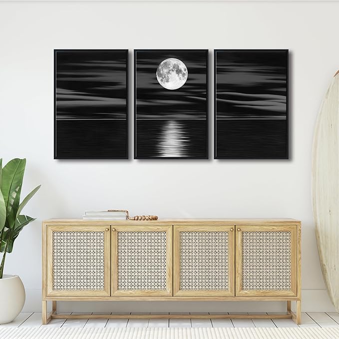 Wieco Art Framed 3 Panel Sea White Full Moon in Night Canvas Print Wall Art Black and White Ocean Beach for Living Room Bedroom Kitchen Home Decorations Modern Abstract Artwork