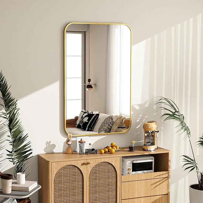 24x36 Inch Bathroom Mirror - Wall Mounted Vanity Mirror with Round Corner Aluminum Alloy Frame, Hanging Horizontally Vertically for Living Room, Bedroom, Hallway as Home Decor,Gold