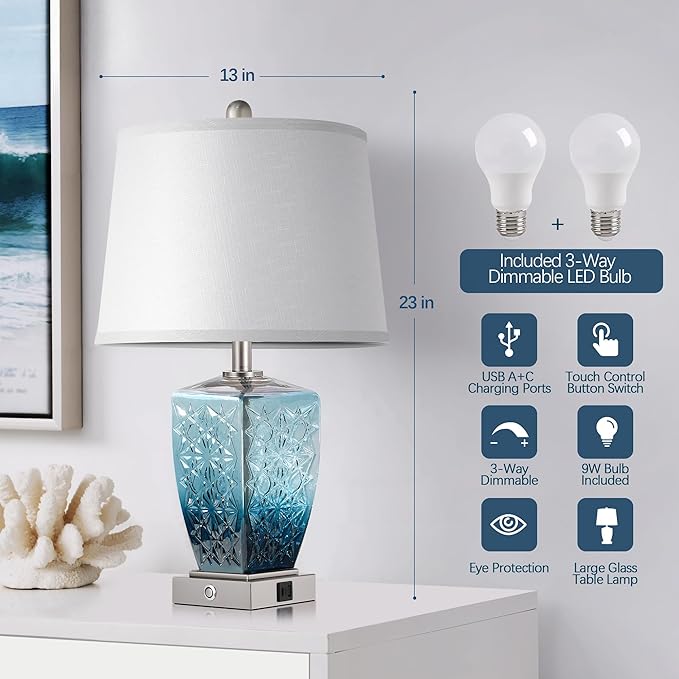 QiMH Glass Table Lamps for Living Room, Modern Bedside Lamps for Night Stands with USB A+C Ports, 3-Way Dimmable Touch Lamp for Bedroom Set of 2 with White Linen Shade Home Decor, Blue