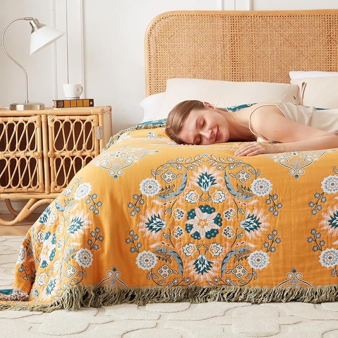 Boho Throw Blanket for Bed 100% Cotton Soft Lightweight Quilt Floral Embroidery Home Decor Spring Breathable Bed Blanket,60"x80" All Season Reversible Twin Yellow Blankets for Sofa Couch Chair