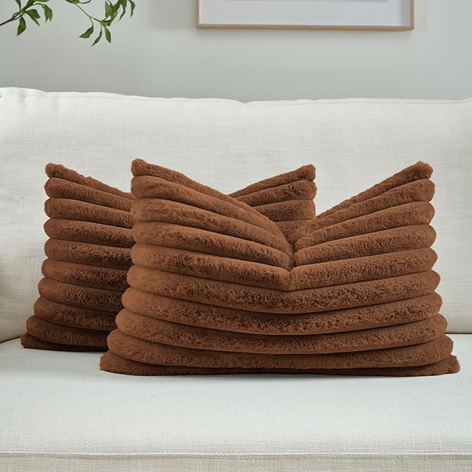 FUTEI Rust Decorative Throw Pillow Covers Set of 2, 12x20 Inch Soft Fluffy Faux Fur Plush Striped Lumbar Pillowcases, Modern Home Decor for Couch Bed Living Room