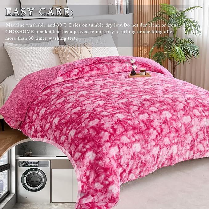 CHOSHOME Sherpa Fleece Blanket- Thick Warm Blanket for Winter, Soft Fuzzy Plush Blanket for Bed, Couch, Travel (Tie Dye Pink, King 90" x 108")