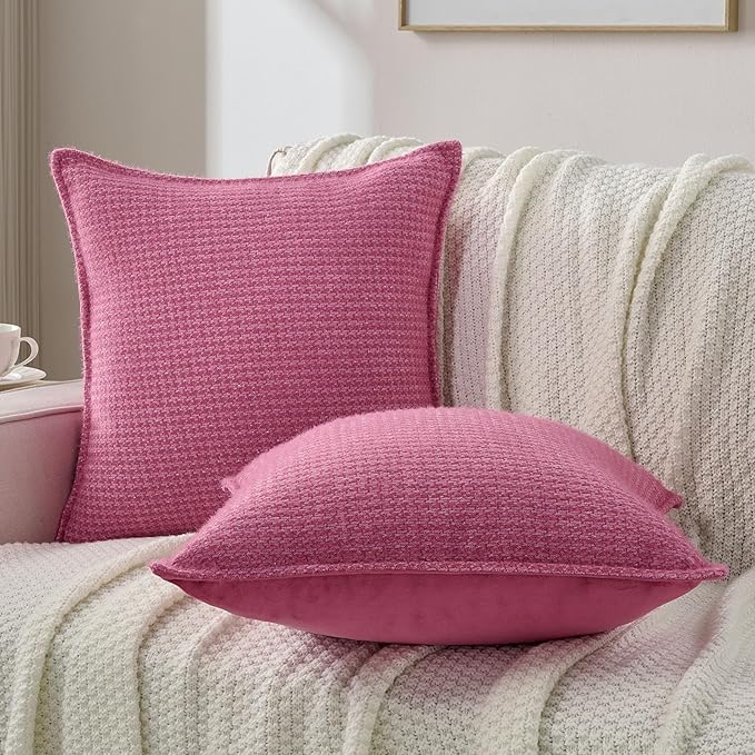 FUTEI Valentine's Day Hot Pink Decorative Throw Pillow Covers 16x16 Inch Set of 2,Soft Houndstooth Gingham Textured Cushion Case,Modern Home Decor for Couch Bed Living Room