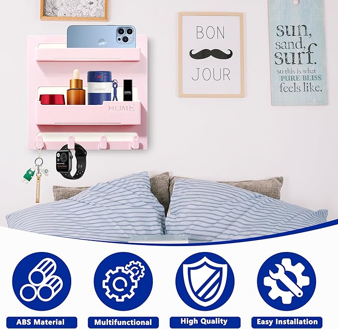 Bedside Shelf Wall Mount,Floating Bedside Adhesive Shelves Accessories,Wall Shelf Organizer and Storage for Bedroom,Camper,Dorm,Apartment-Phone,Earphone,Kindle,Remote Holder,Cable Clip,4 Hooks-Pink