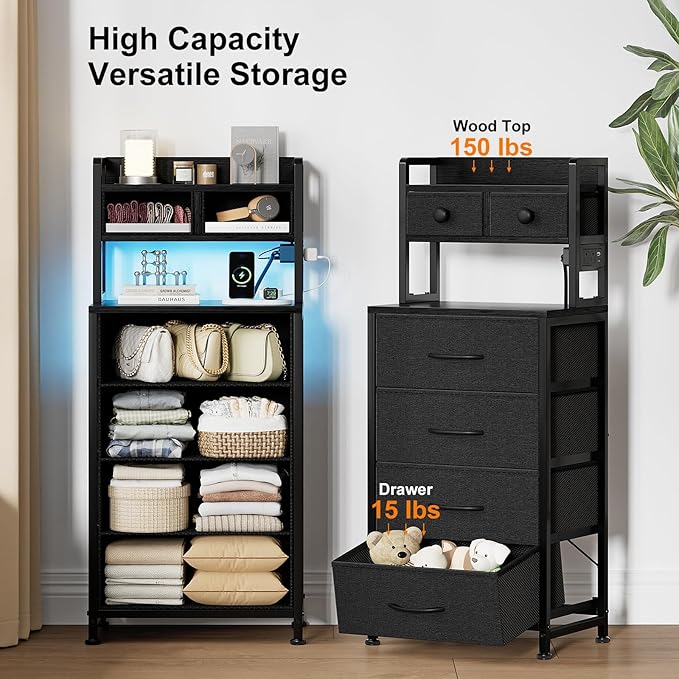 REAHOME 41 Inch Tall Nightstand with Charging Station, LED Night Stand with 6 Fabric Drawers, Bed Side Table with 3-Tier Wood Storage Shelves for Bedroom, Office, Small Spaces, Dark Gray