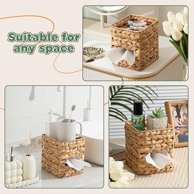 Water Hyacinth Tissue Box Cover with Storage Tray, Rattan Wicker Box Holder Boho Handwoven Napkin Organizer for Desktop, Nightstand and Bathroom, Natural Modern Home Decor