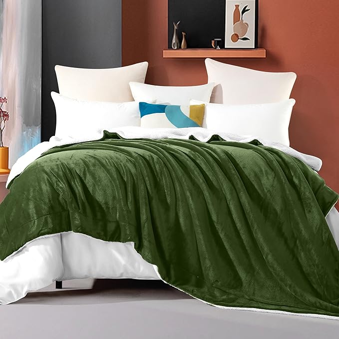 Elegant Comfort Ultra Soft Reversible Flannel Sherpa Blanket - Cozy Silky Fleece Throw for Couch, Bed - Plush Fuzzy Warm Winter Blanket for Gift, King, Sage