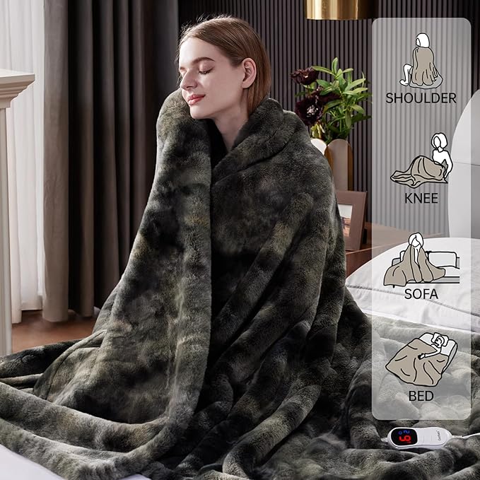 Guohaoi Heated Blanket Electric Throw, Soft Faux Rabbit Fur Electric Blanket with 10 Heating Levels 5 Sitting Timer Auto Off, Cozy Warm Heating Blankets, Machine Washable(62"×84" Dark Grey)