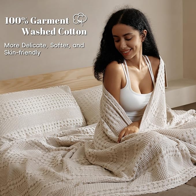PHF 100% Cotton Waffle Weave Blanket King Size for Bed, Soft Lightweight & Breathable for Spring and Summer, All-Season Comfort, Luxury Aesthetic Blanket for Home Decor, 108"x90", Light Taupe/Oatmeal