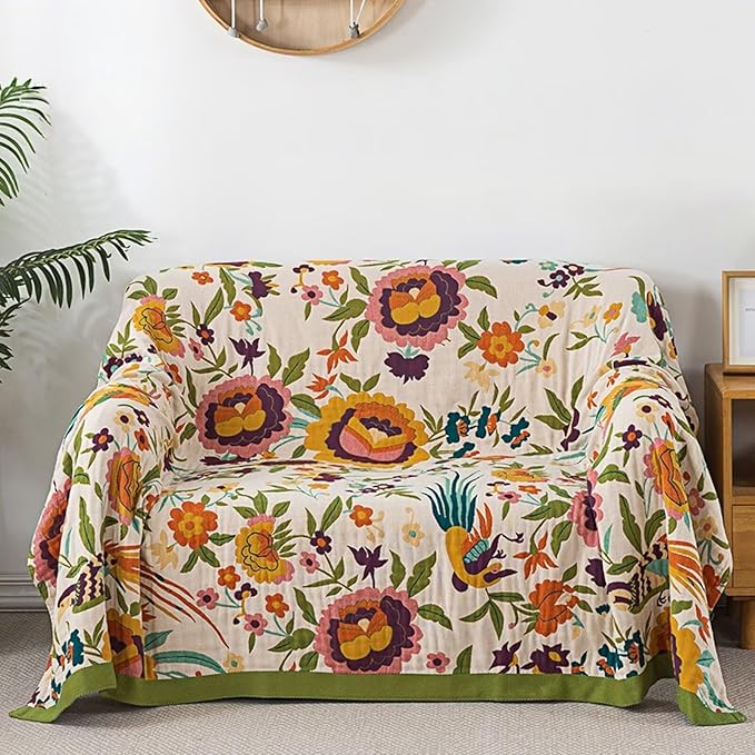 Spring Boho Throw Blanket,100% Cotton Muslin Blankets for Bed,Cozy Floral GreenThrow Blanket,Reversible Bohemian Throw Blankets for Couch,Farmhouse,Golden Phoenix,60"x80"