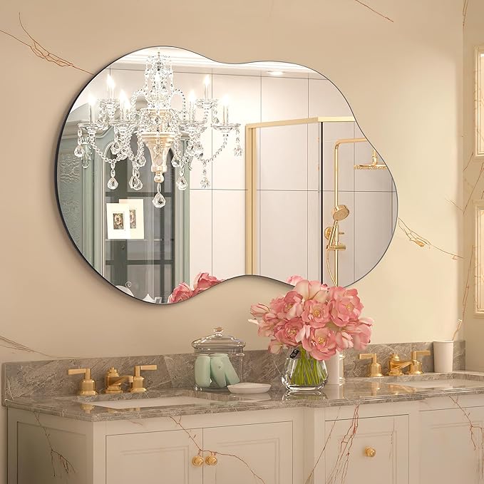 Bathroom Mirror - Irregular Wall Mirrors Decorative 26"x46" Asymmetrical Tempered Glass Frameless for Vanity, Bedroom, Living Room, Cloakroom, Entryway