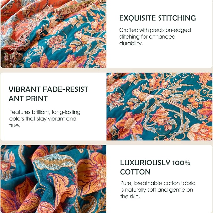 Boho Throw Blanket - 100% Cotton Ultra Soft Muslin Blanket, 50"x60" Lightweight Floral Bird Framhouse Bedding Spring Blanket for Bed, All Season Blue Bohemian Bedroom Home Decor Quilt