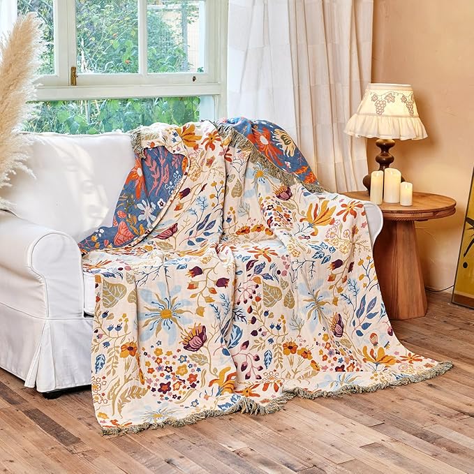 Boho Throw Blanket - 100% Cotton Throw Blankets for Bed Couch, 50"x60" Soft Muslin Lightweight Spring Throw Blanket, Cozy Floral Butterfly Printed Bohemain Bedding Decor Beige Throw Quilt