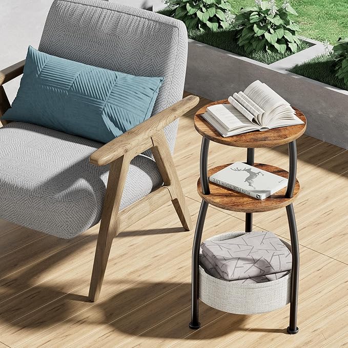 Small Side Table for Small Spaces with Storage Basket, Round End Table 3-Tier NightStand Sofa Corner Table for Living Room, Bedroom, Patio and More 24in Tall Rustic Brown