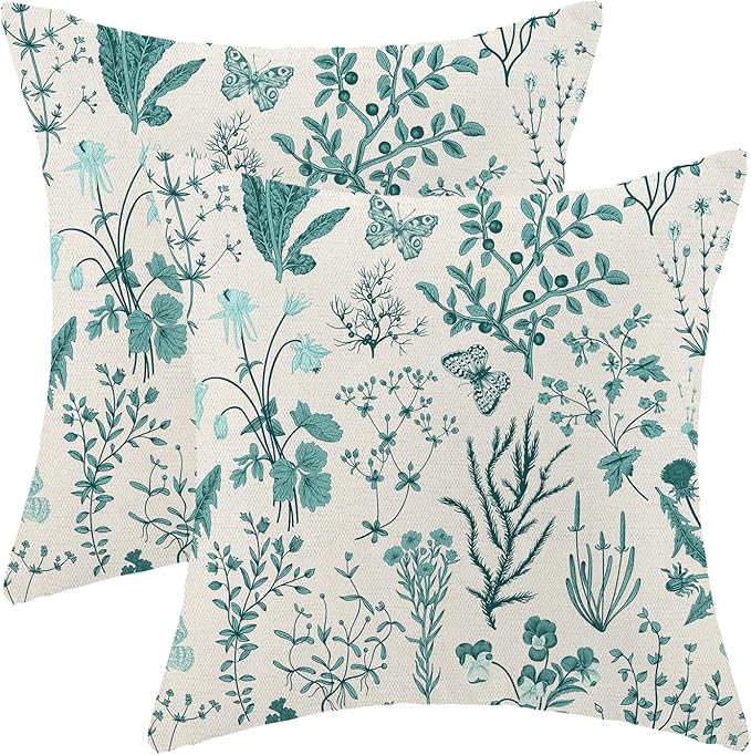 AEIOAE Summer Pillow Covers 20x20 Inch Set of 2,Teal Green Wild Flower Plant Throw Pillows Case,Seasonal Floral Outdoor Decorative Square Linen Farmhouse Decor Cushion Covers for Home Sofa Bed Couch