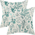 AEIOAE Summer Pillow Covers 24x24 Inch Set of 2,Teal Green Wild Flower Plant Throw Pillows Case,Seasonal Floral Outdoor Decorative Square Linen Farmhouse Decor Cushion Covers for Home Sofa Bed Couch