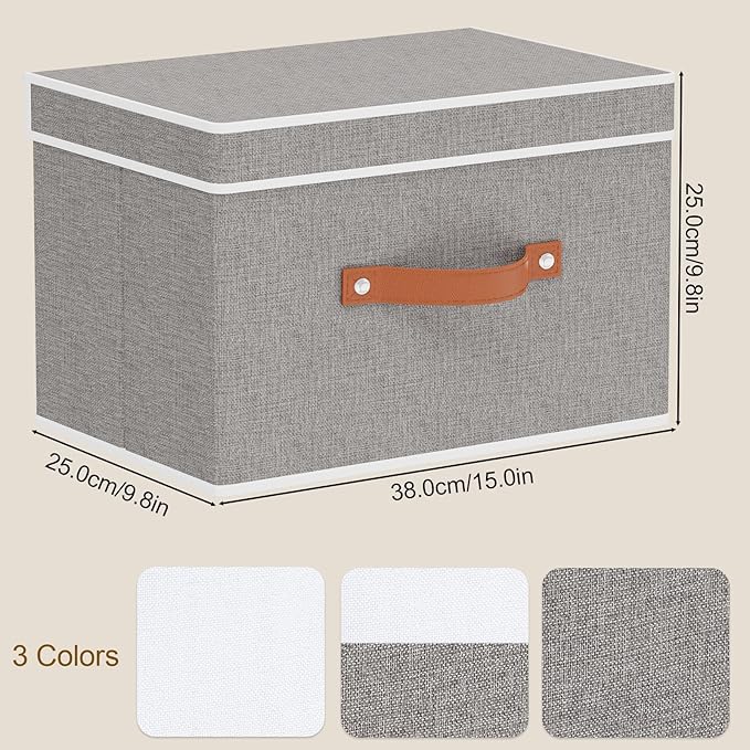 Collapsible Boxes, Linen Foldable Storage Bins with Lids, 15 x 9.8 x 9.8 Inch Storage Baskets with Double Handles, Grey, 5-Pack