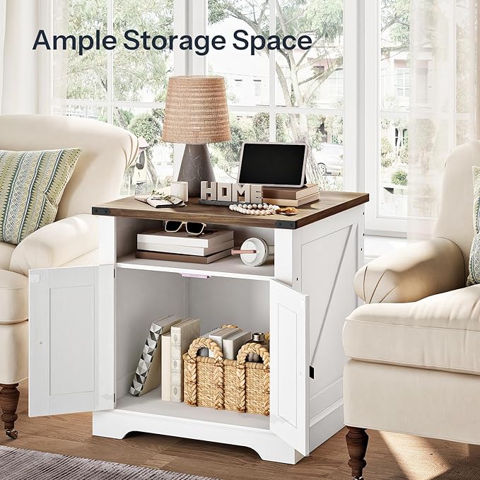 HOOBRO Farmhouse End Table with Charging Station, 23.6" Large End Tables for Living Room, Sofa Side Table with Barn Door, Wooden Square Nightstand Bedside Table, Flip Top, White and Walnut WH601UBZ01