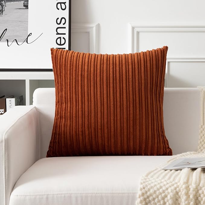 UGASA Fall Velvet 24x24 Inch Soft Throw Pillow Covers Decorative Corduroy Striped Both Sides Solid Square Cushion Cases Boho Farmhouse for Couch Bedroom Sofa Home, Pack of 2, Burnt Orange