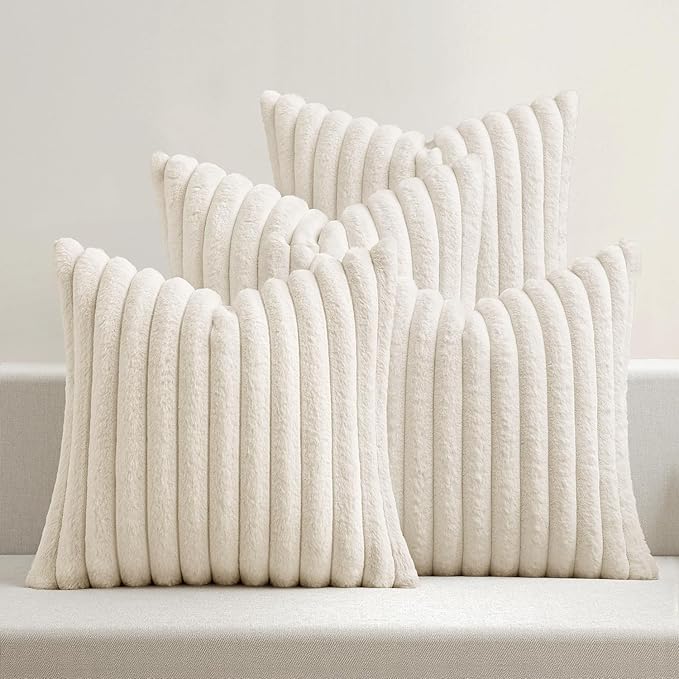 MIULEE Faux Fur Plush Decorative Throw Pillow Covers 18x18 Set of 4, Spring Modern Soft Fuzzy Striped Cushion Covers for Sofa Couch Bed Living Room Cozy Home Decor,Cream White