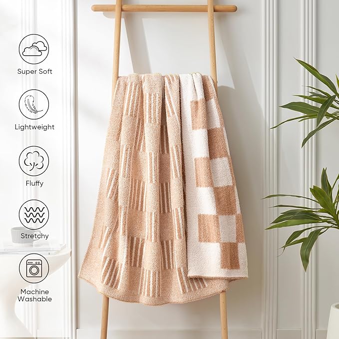 Snuggle Sac Checkered Throw Blanket Faux Fur Microfiber Blankets for Couch,Reversible Soft Cozy Warm Blanket for Sofa Bedroom,Cute Lightweight Striped Throws for Women,Heather Beige,50x60 inches