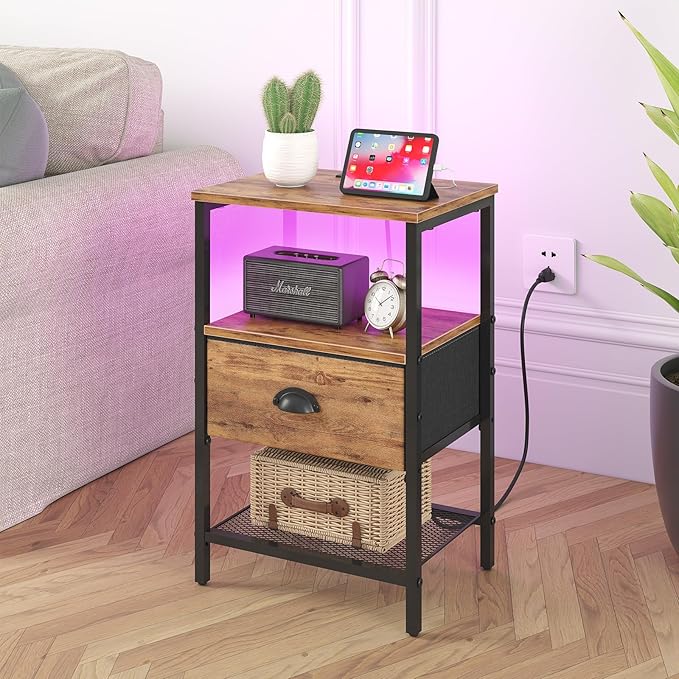 Nightstands Set of 2, LED Night Stands with Charging Station and Fabric Drawer, Bedside Tables with Drawers, 2- Tier LED Side Table End Table Charging Station Livingroom Bedroom,Rustic Brown