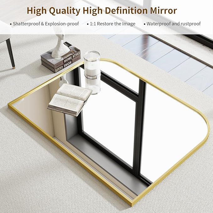 Gold Wall Mounted Bathroom Mirror - 48 x 30 Inch Round Cruved Top Right Angle Bottom Wall Mirror, Aluminum Metal Framed, Decor for Living Room, Bedroom, Fireplace, Mantle, Entryway